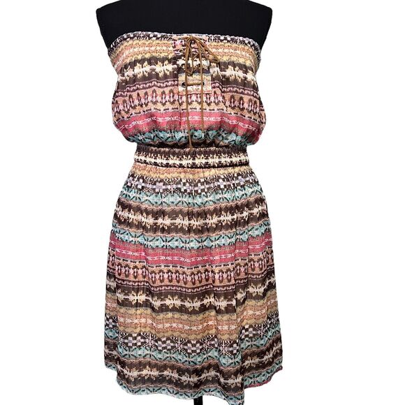 YA Los Angeles Size M Strapless Silk Southwest Print Mini Dress Leather Lace - Picture 10 of 10